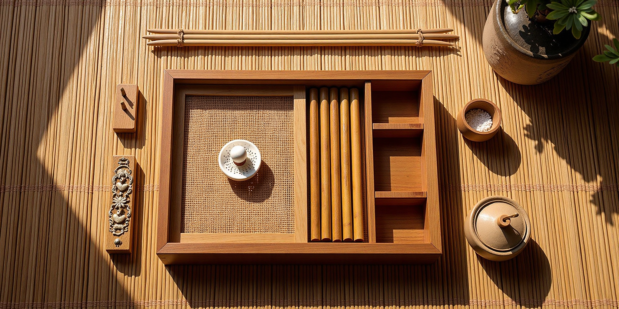 竹制茶盘与茶具